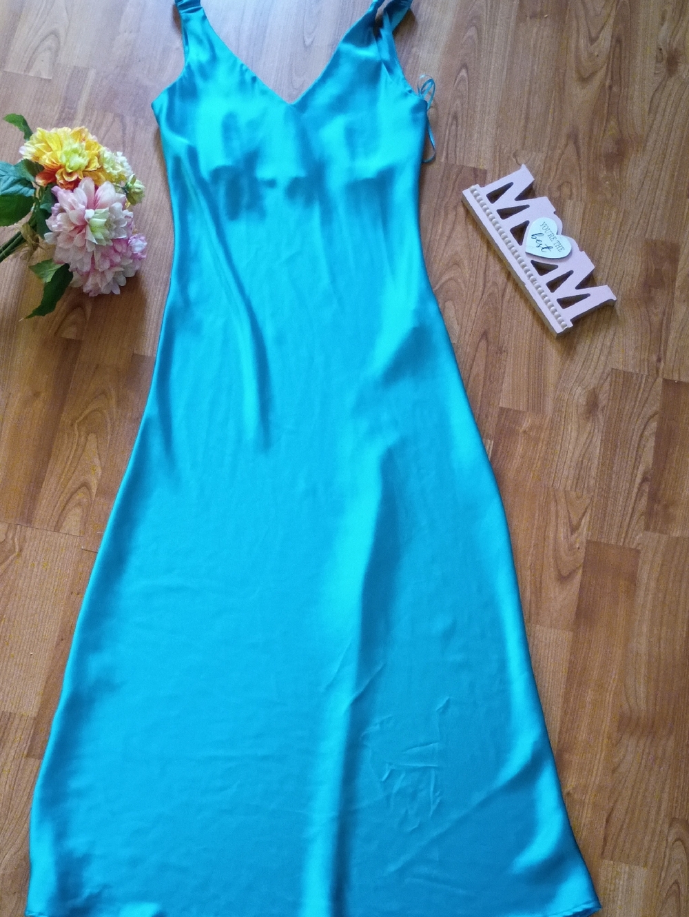 Zara Turquoise Satin Maxi Slip Dress